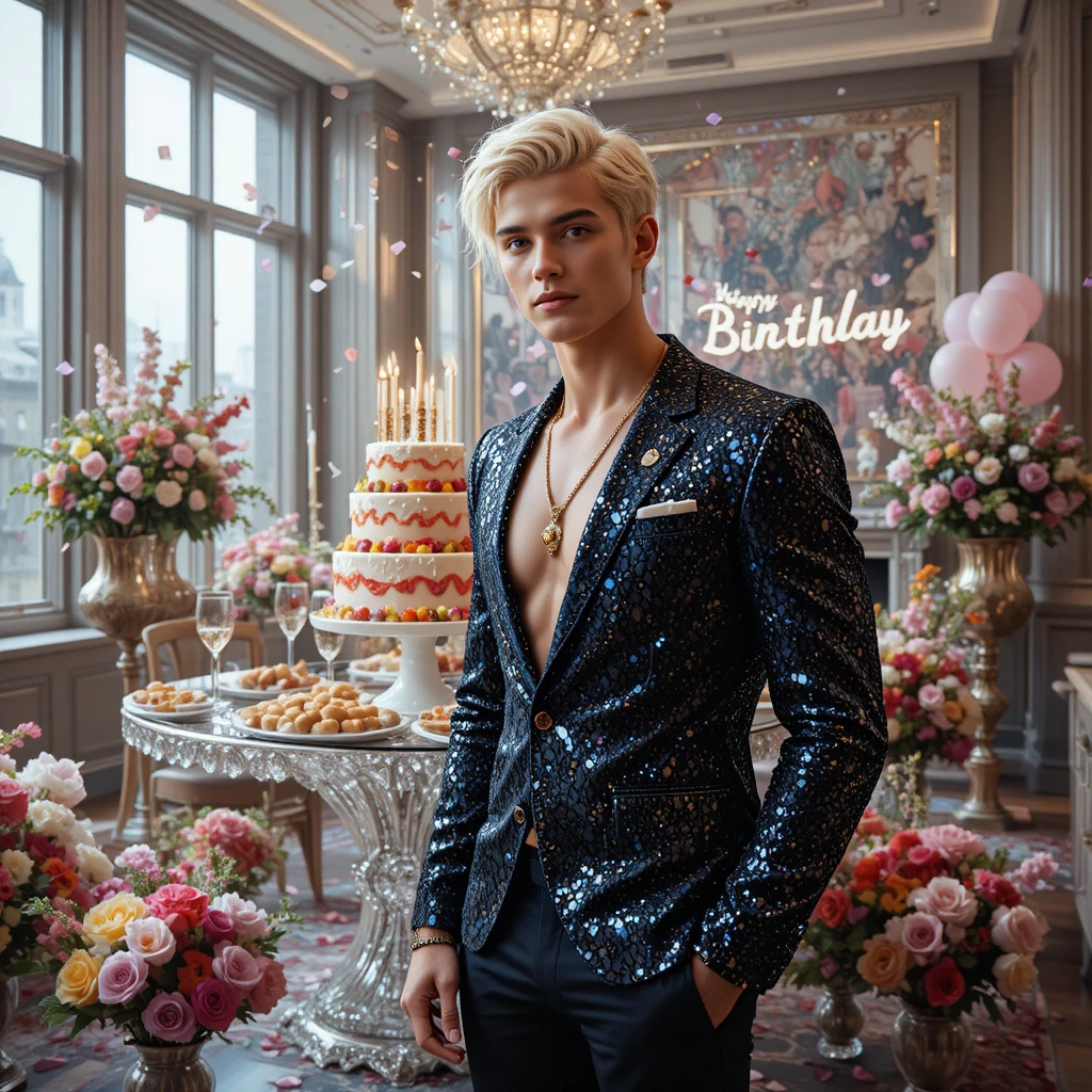 Young blond man in sequined suit at birthday party