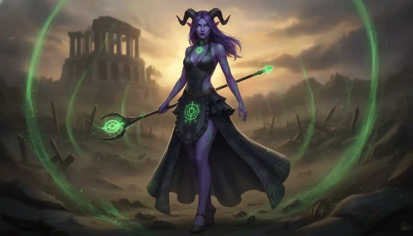 Cameriera da battaglia tiefling dalla pelle viola con vene verdi luminose