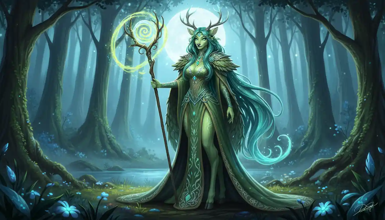 Regal primordial deer queen with flowing teal hair
