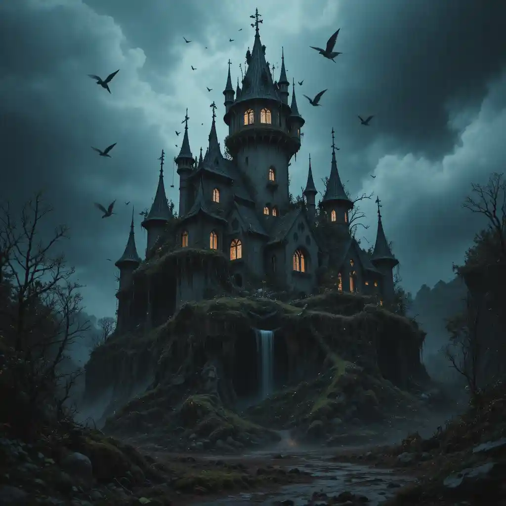 Dark magical castle rising in a stormy gloomy sky