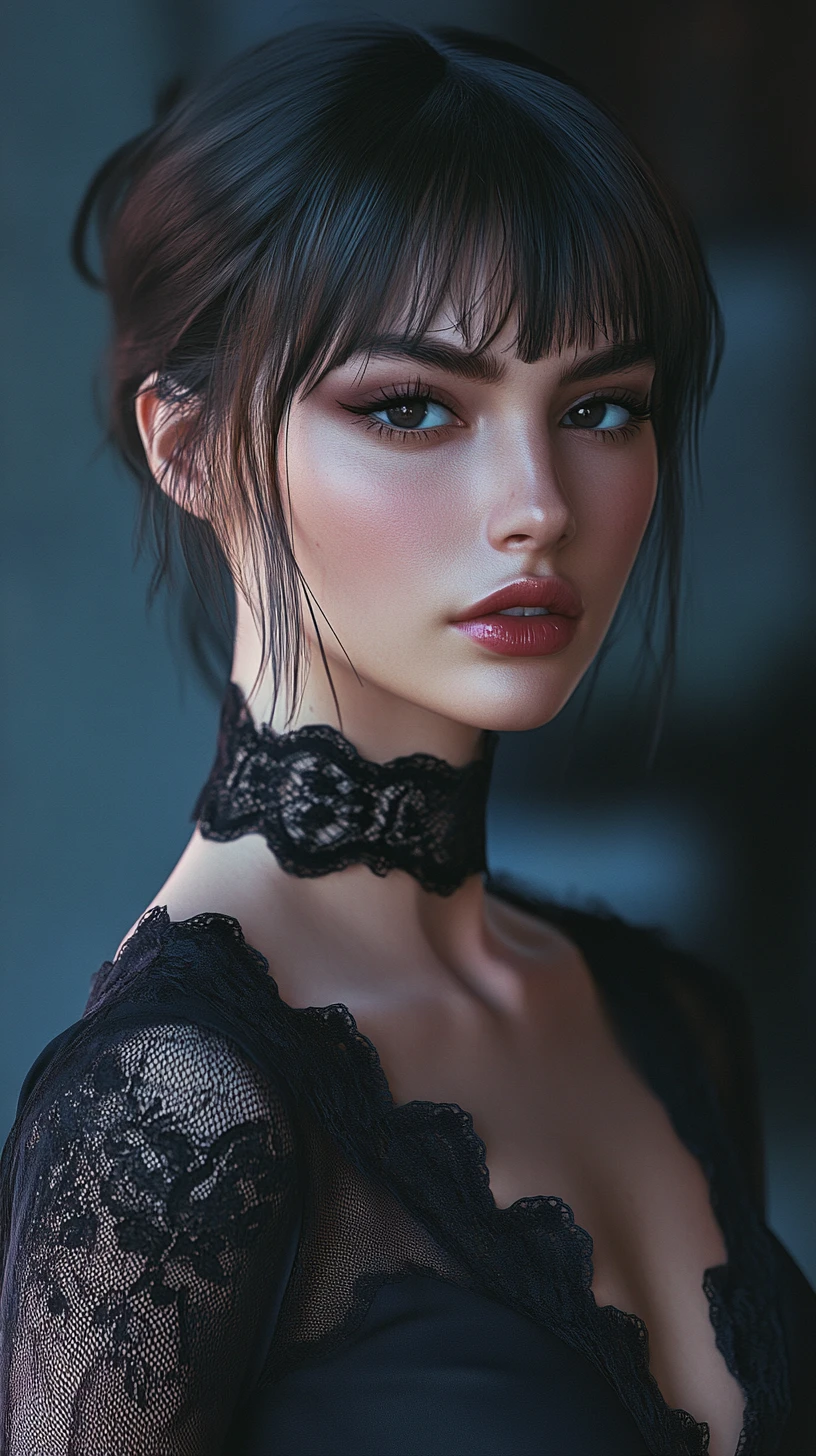 Mysterious woman in black lace choker portrait