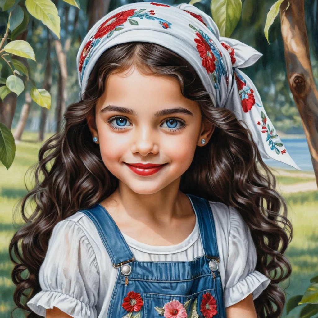Smiling Little Girl In Headscarf And Colorful Patched White Jeans