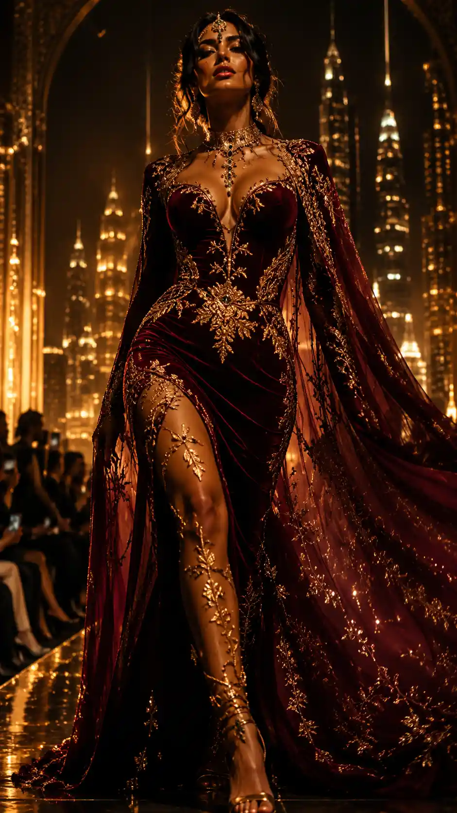 Velvet clad runway woman under molten gold city lights