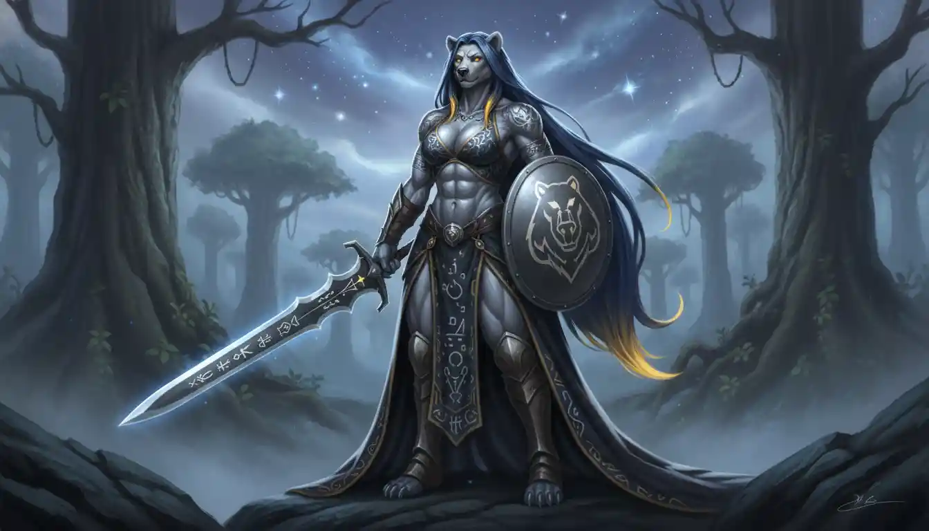 Primordial bear queen with sapphire hair and tribal armor