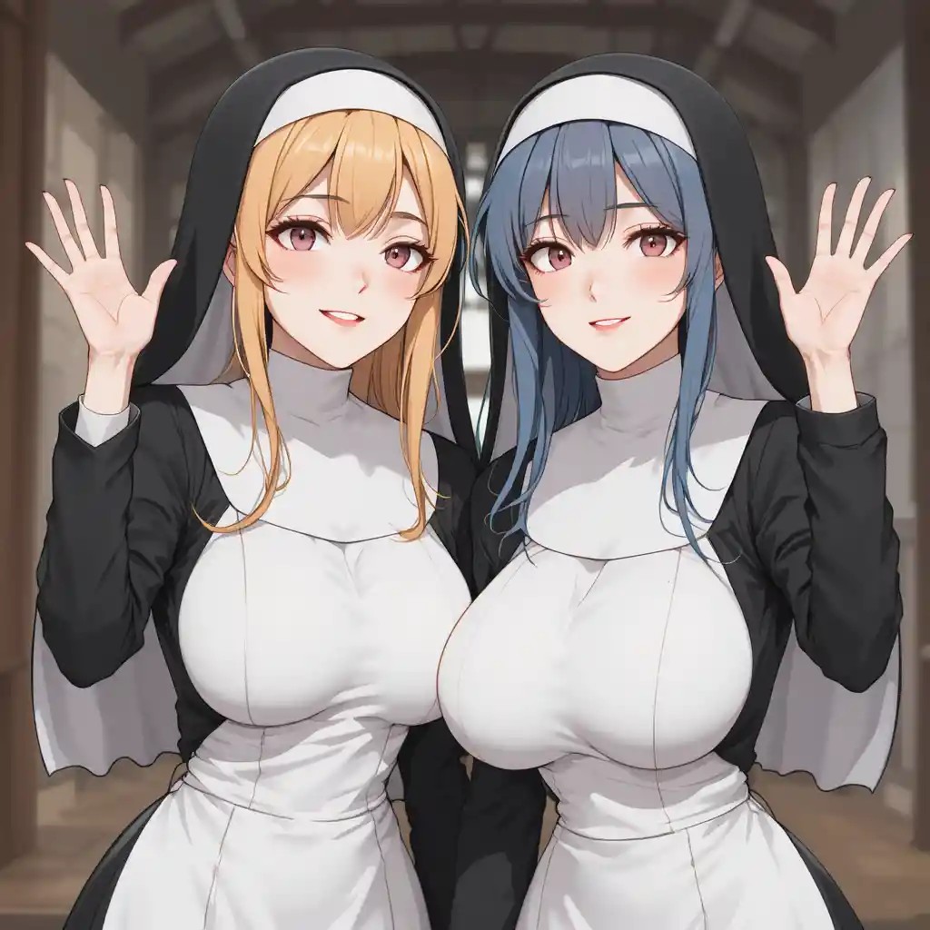 Two anime nuns smiling and waving in traditional habits
