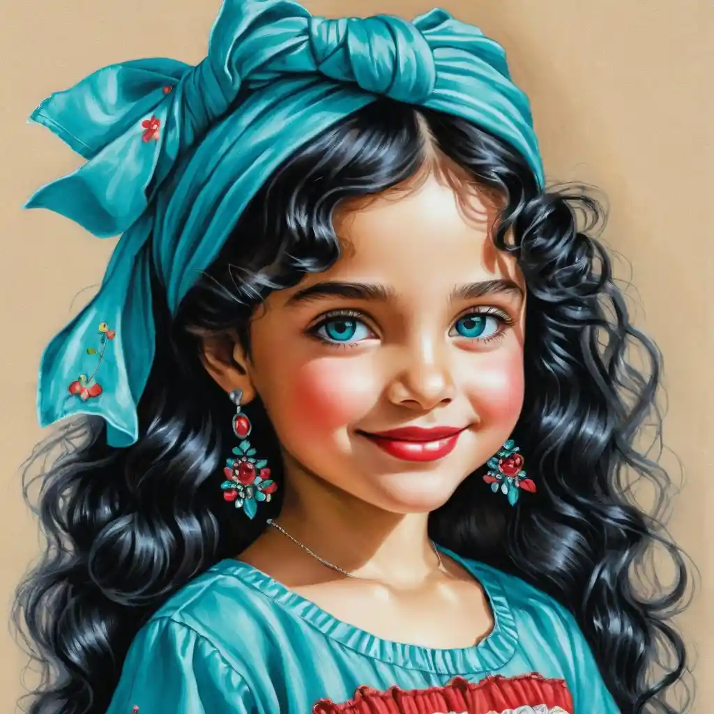 Smiling little girl in teal shirt and white patched jeans