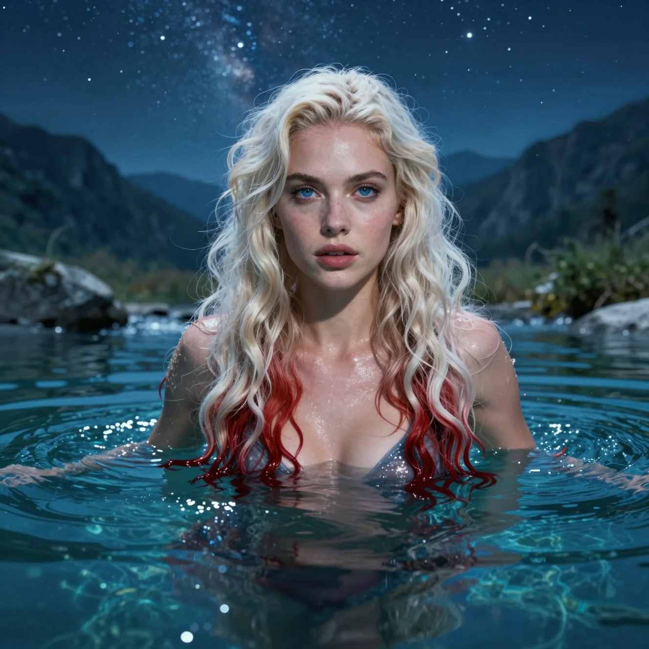Fantasy woman emerging from a starlit mountain pond