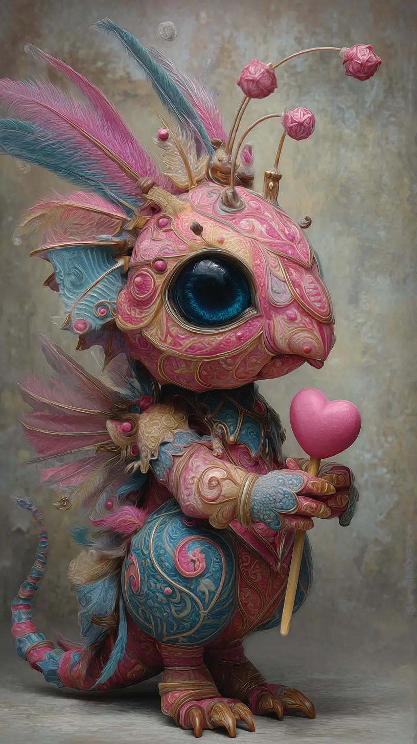 Whimsical fantasy creature with blue eyes and pink heart