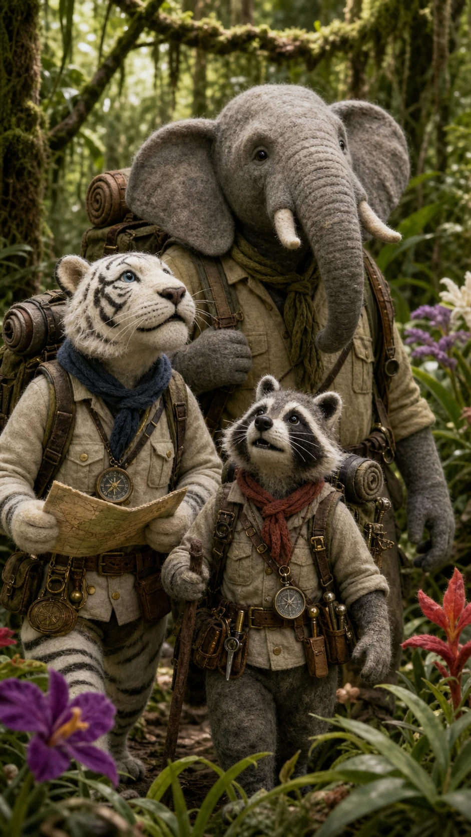 Felt animal explorers trekking through a lush Amazon jungle