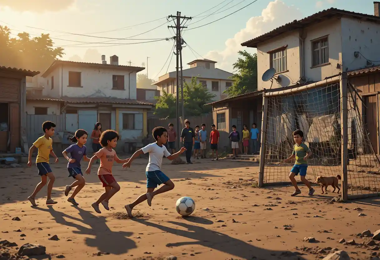 Children playing soccer on a muddy field at sunset