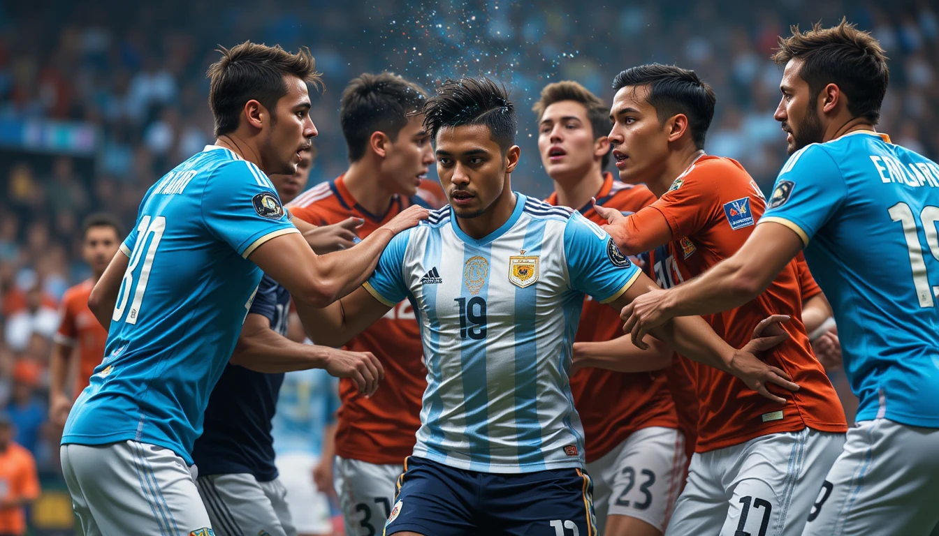 Argentine soccer player challenged by Dutch defenders in play