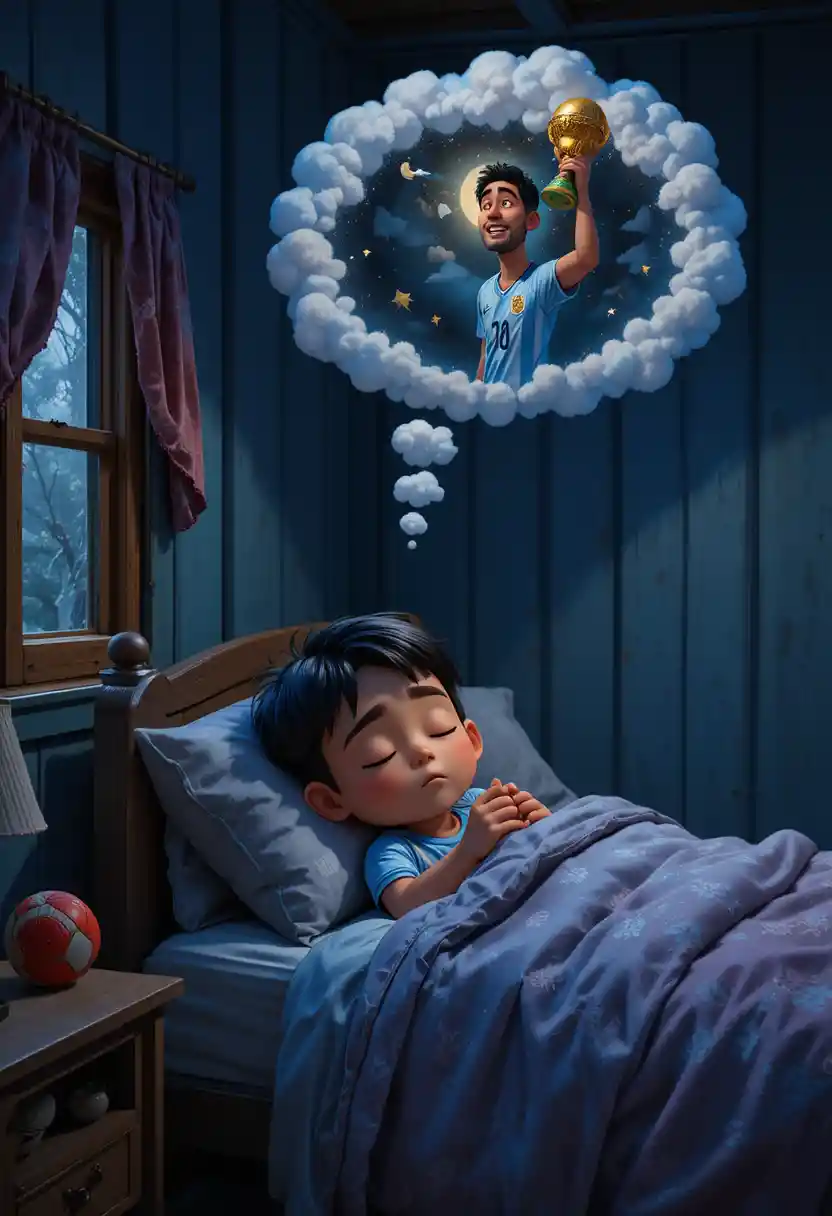 Young boy sleeping in a dim bedroom under moonlight
