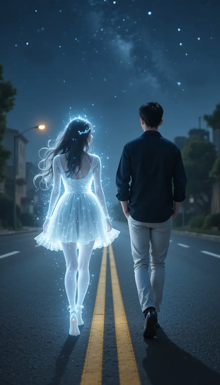 Young man and glowing spirit walking along a night road