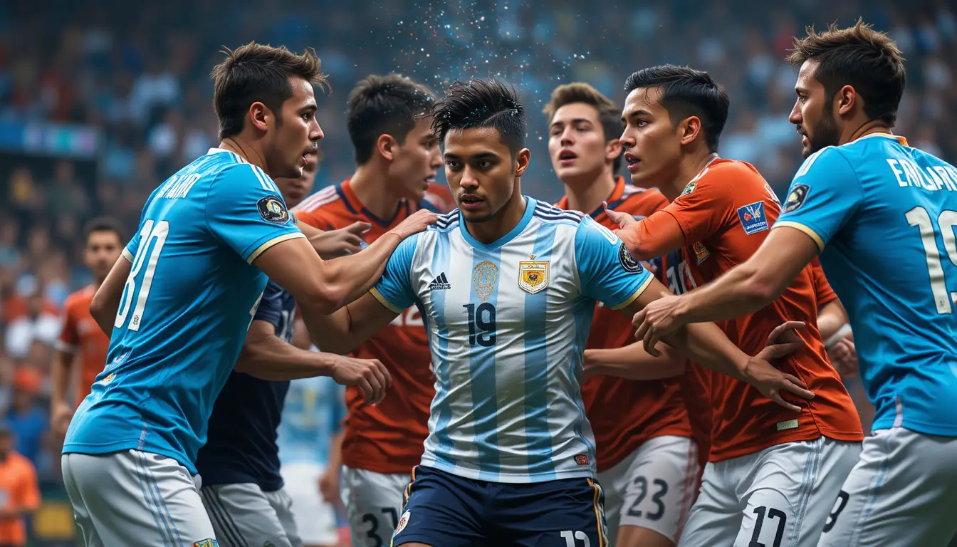 Argentine soccer player challenged by Dutch defenders in play