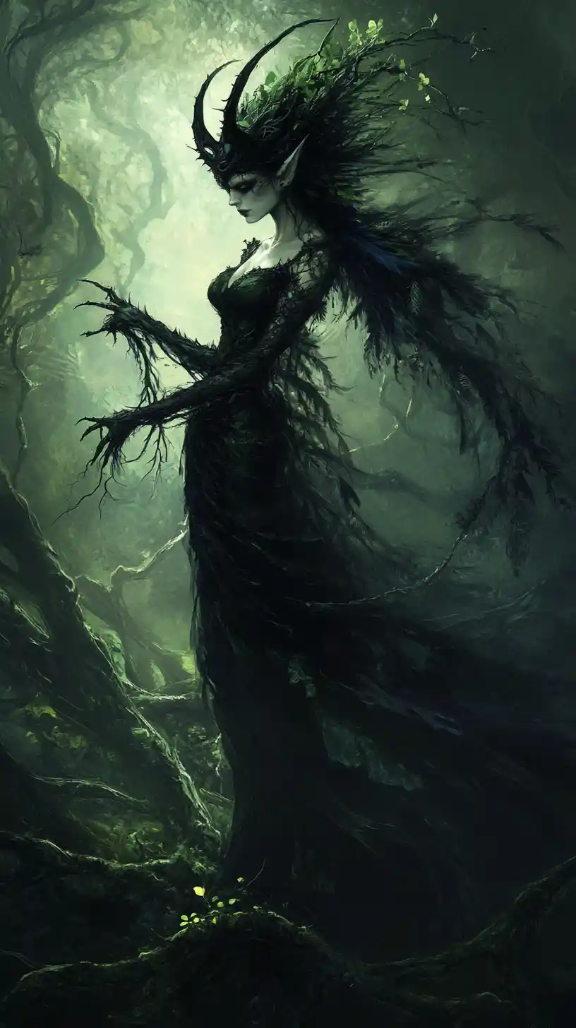 Dark fairy queen in thorns within a shadowy forest
