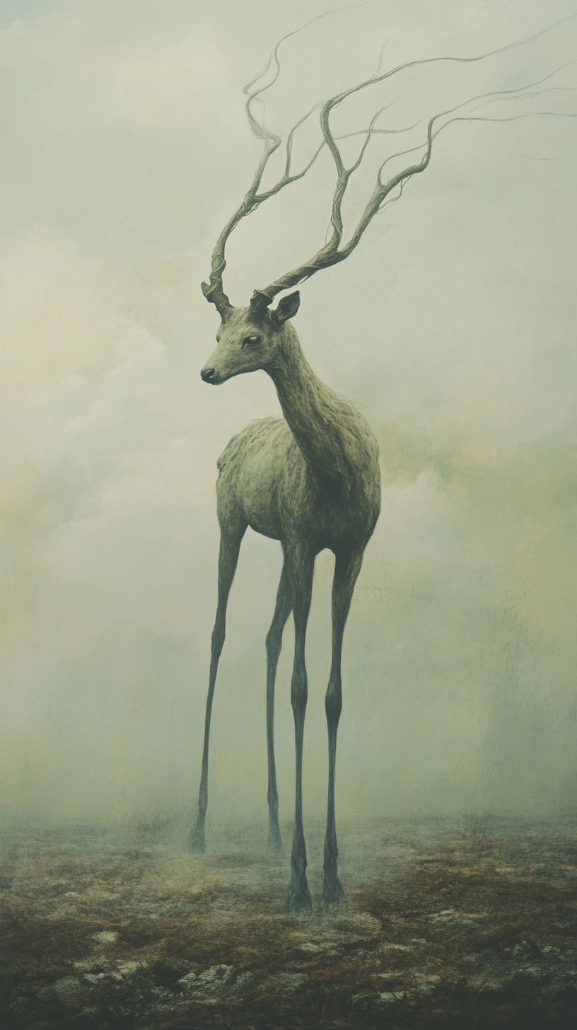 Surreal stag with elongated legs in a quiet empty landscape
