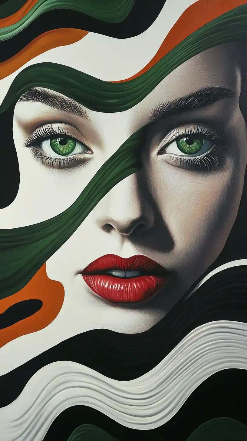 Postmodern painting of a green eyed woman on abstract waves