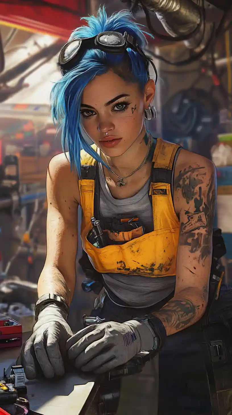 Blue haired tattooed girl repairing tools in industrial workshop