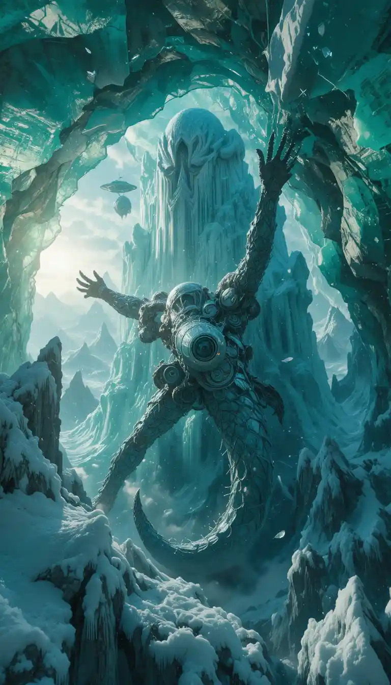 Topological fantasy ice landscape seen from above in sunlight
