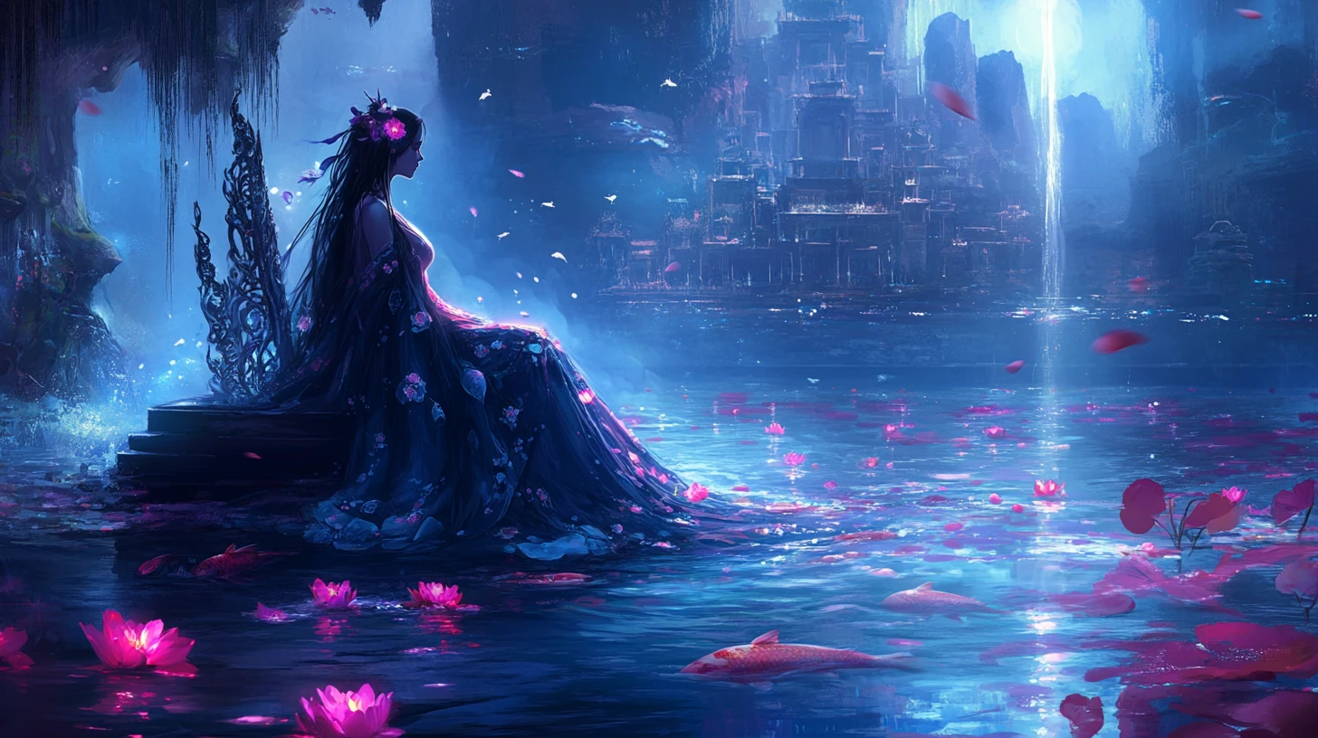 Underwater empress on a throne beneath the glowing moonlight
