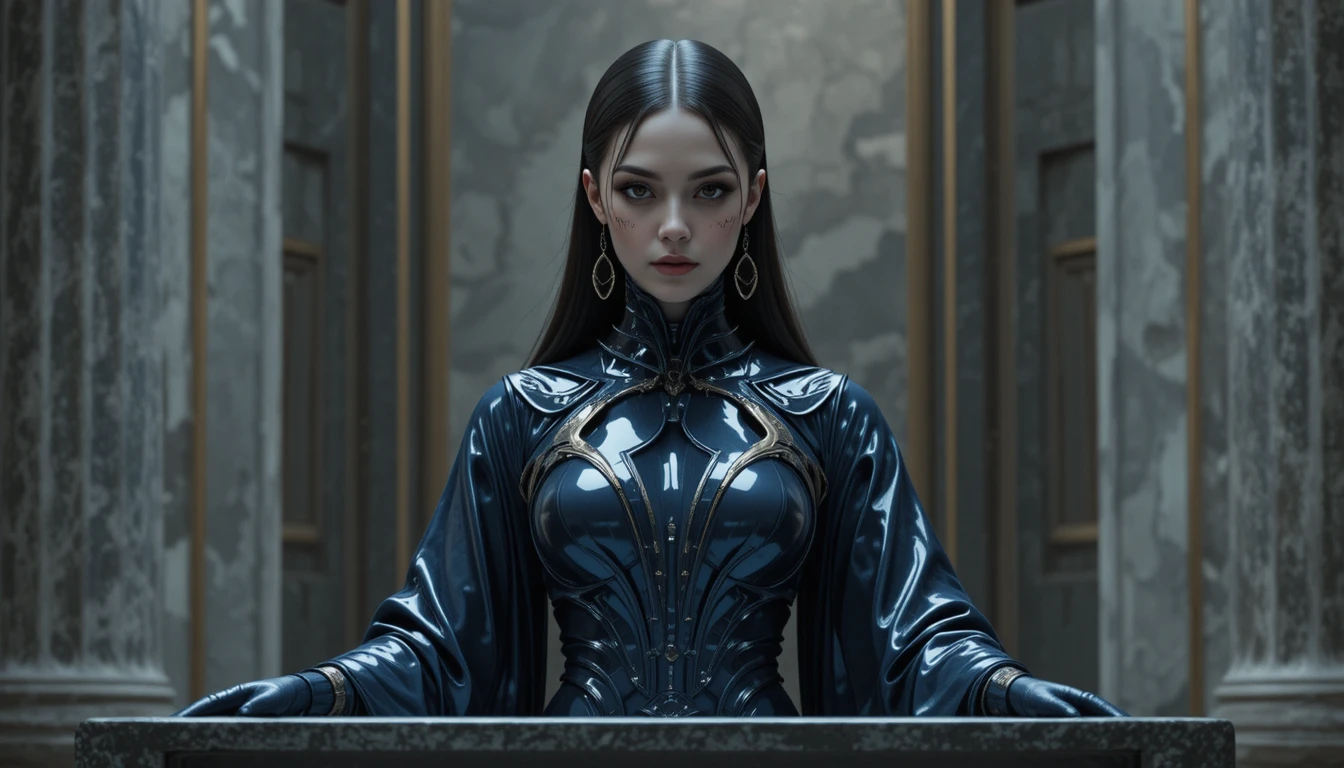Futuristic female judge in flowing living latex robes