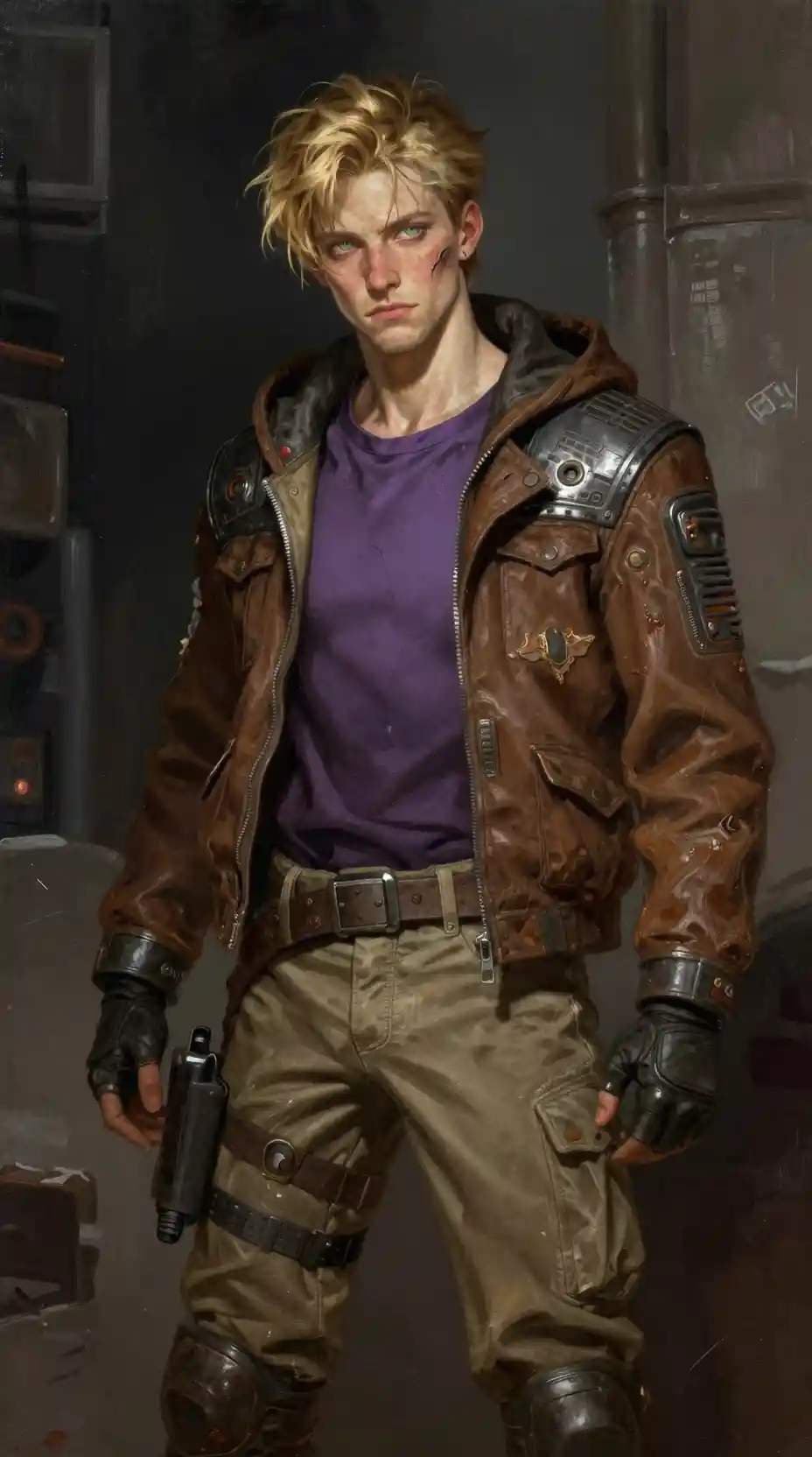 Young space warrior in worn jacket on urban street