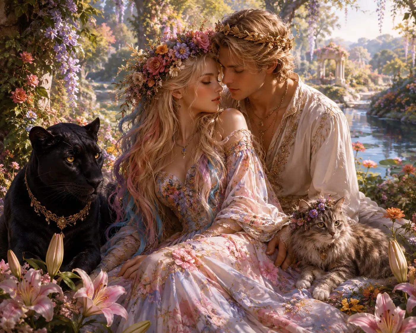 Romantic couple with floral crowns in colorful spring scene
