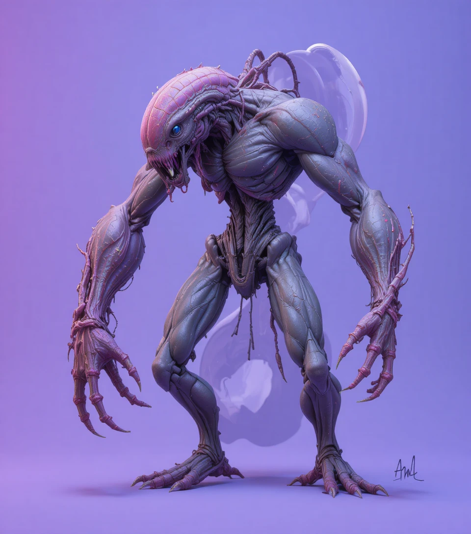 Asymmetrical monster with twisted limbs and mismatched eyes