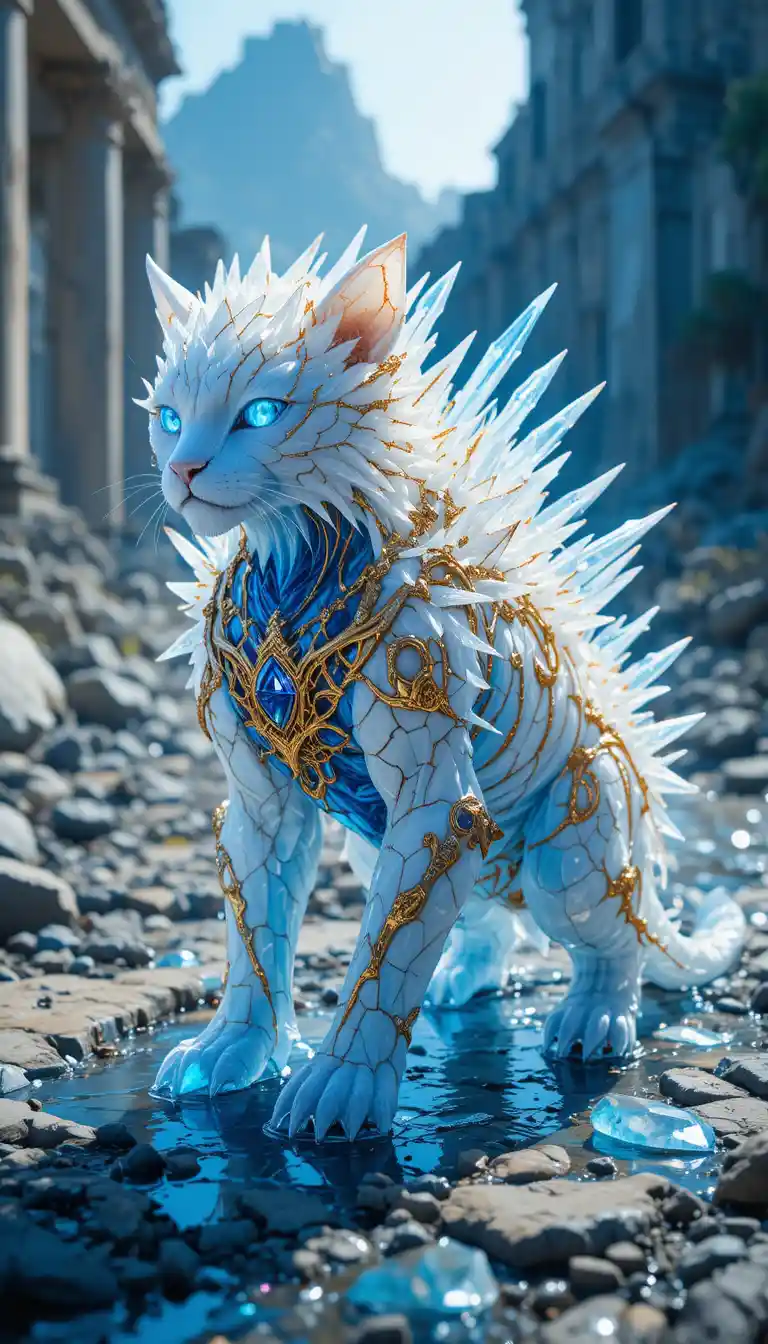 Crystal lion like creature with spiked mane in rocky ruins