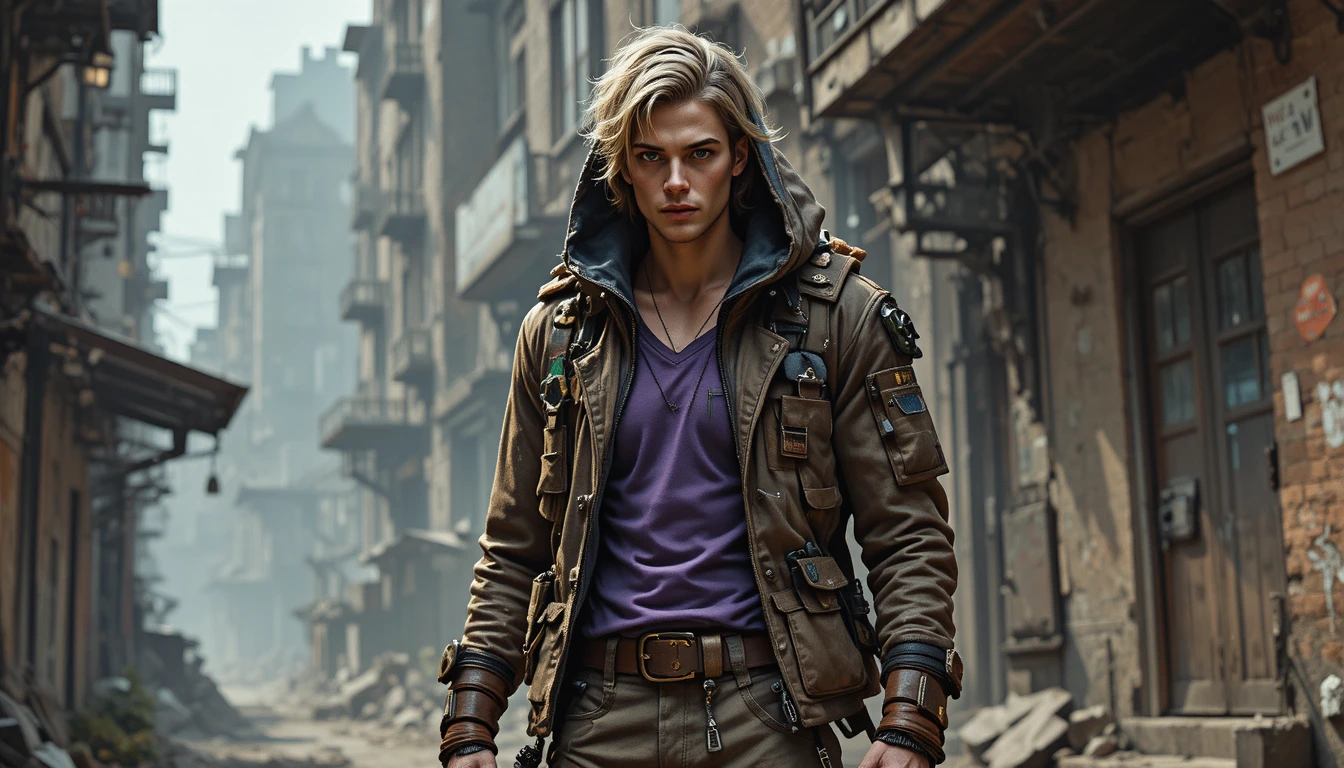 Young space fantasy warrior in a gritty urban alley