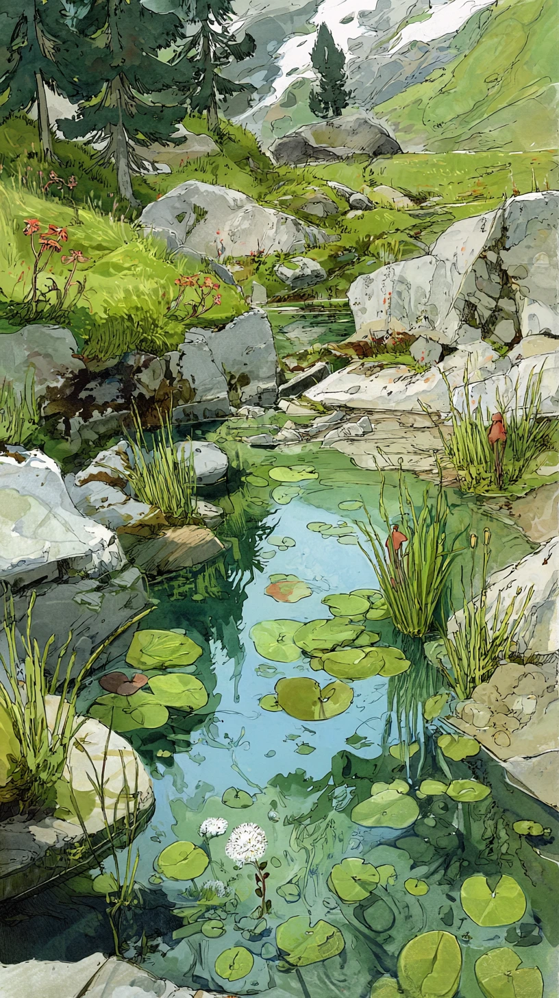 Watercolor marmot by a mountain stream with wildflowers