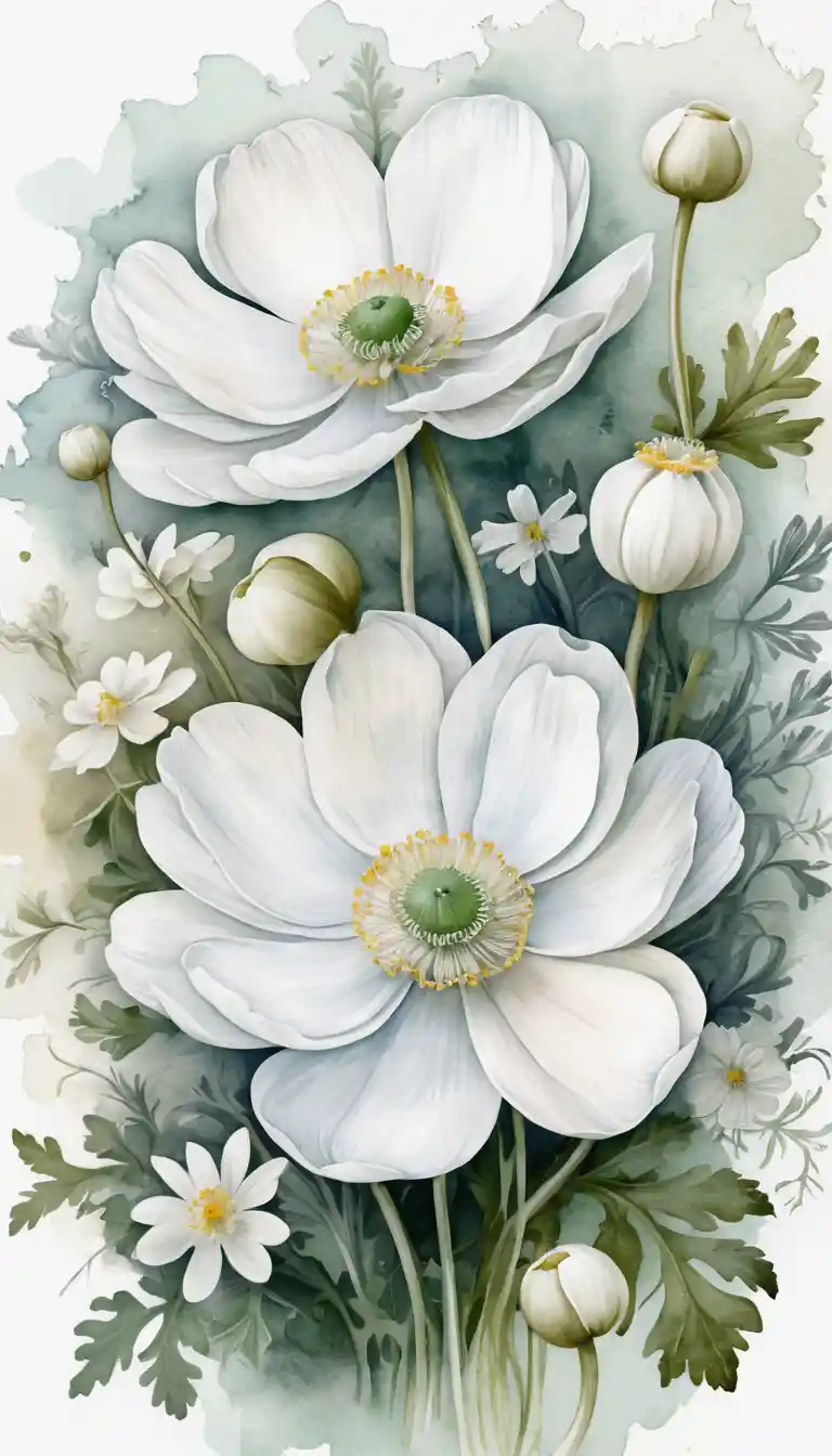 Graphic floral flyer with white anemone vector illustration