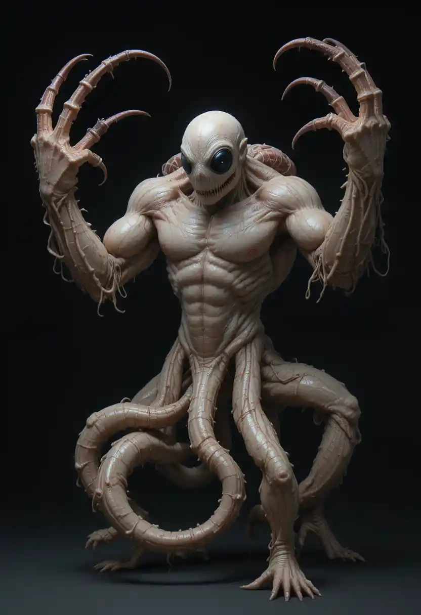 Grotesque monster with asymmetrical limbs and twisted legs