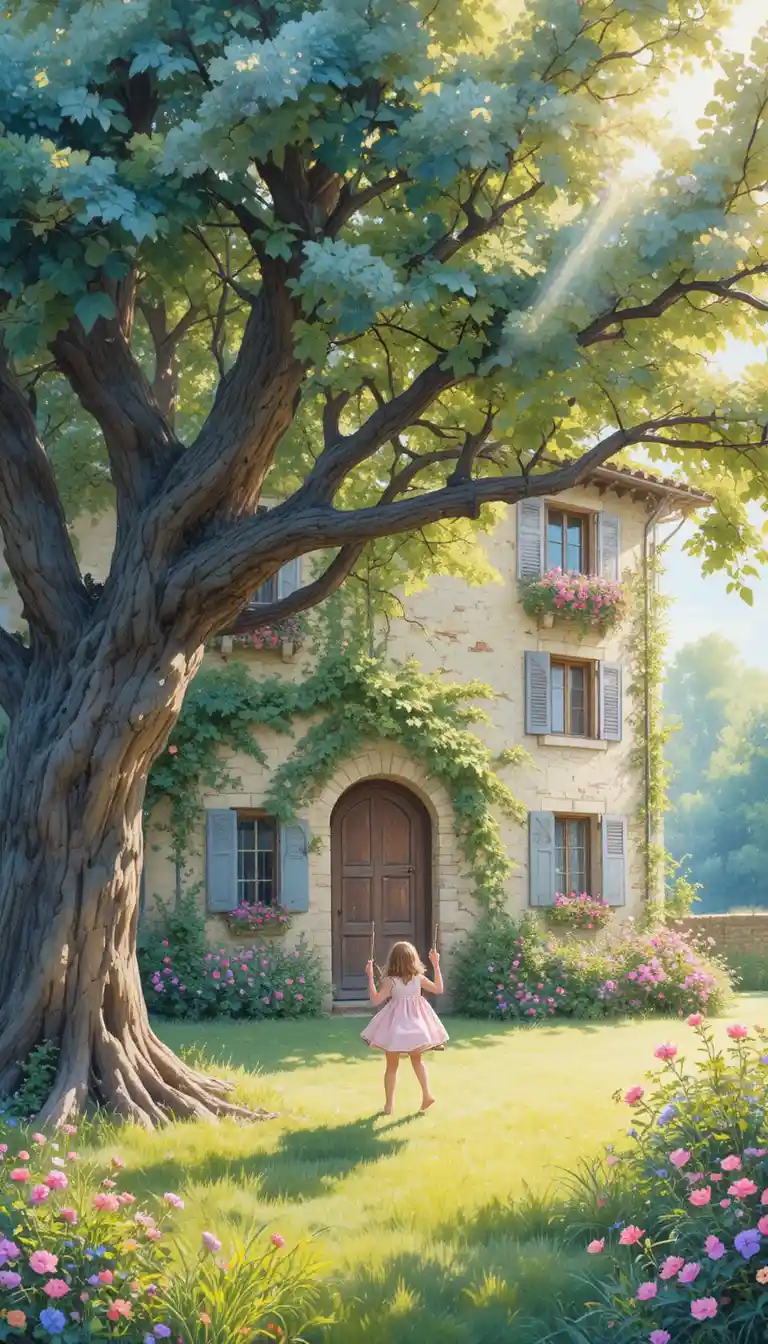 Girl on a swing beneath a tree in a sunny garden