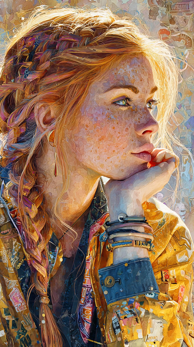 Watercolor portrait of a radiant woman in golden afternoon