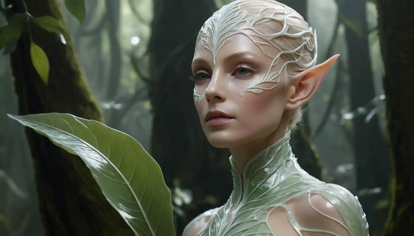 Graceful latex elf with luminous pearlescent body design