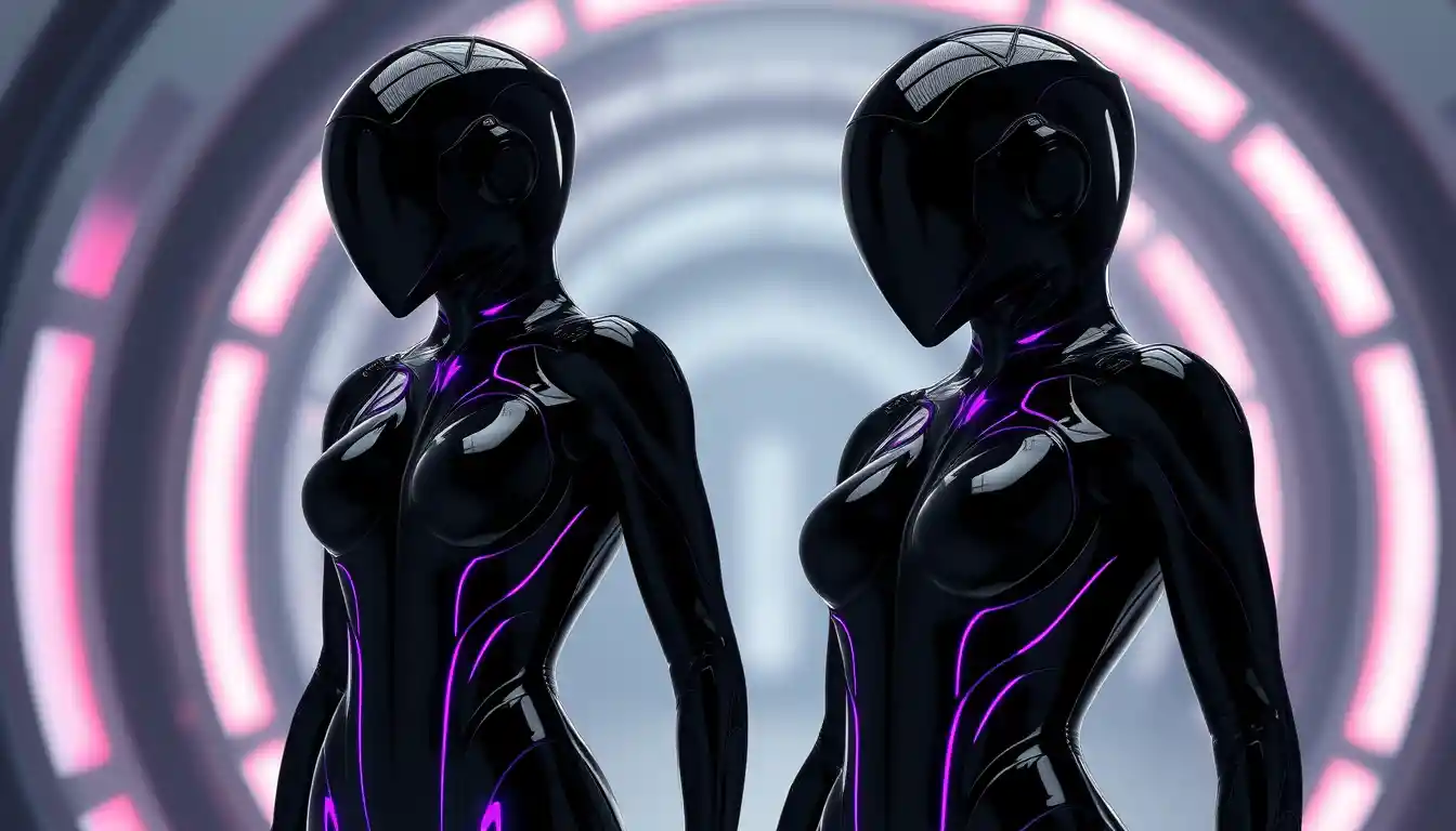 Futuristic female operative in living latex stealth suit