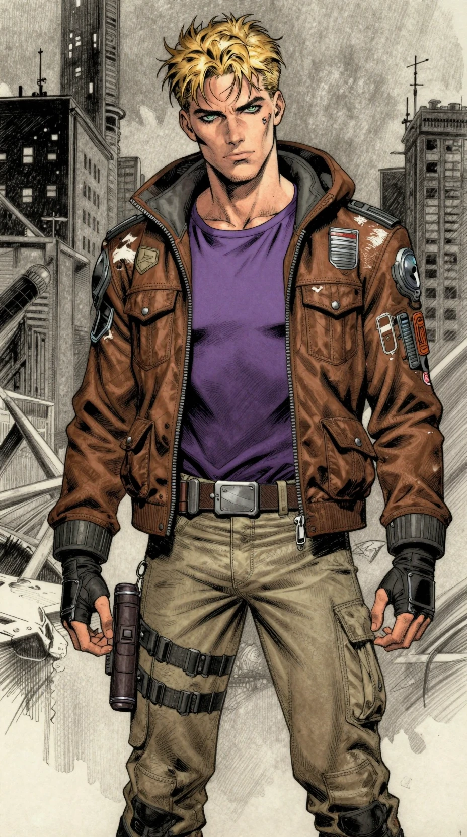 Young space warrior in gritty comic urban alley
