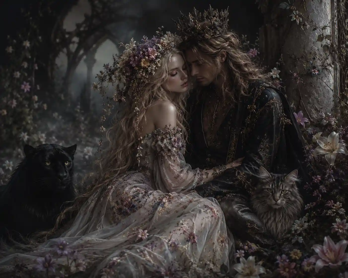 Romantic couple with floral crown in a colorful flower field