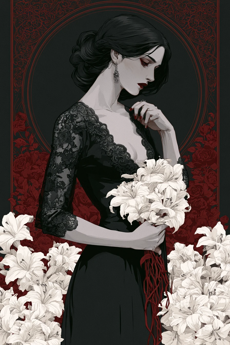 Field of lilies in a dark gothic dreamlike landscape