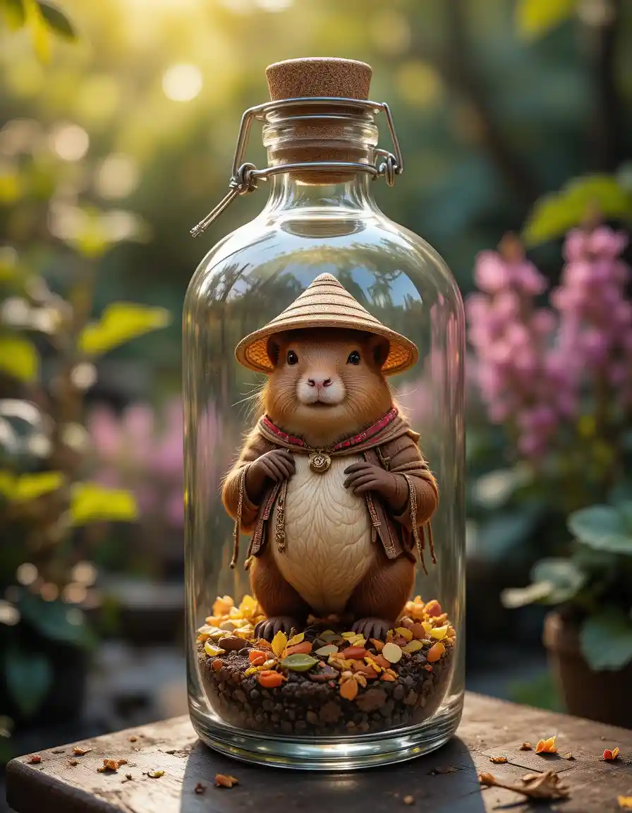 Tiny anthropomorphic capybara in a glass bottle garden