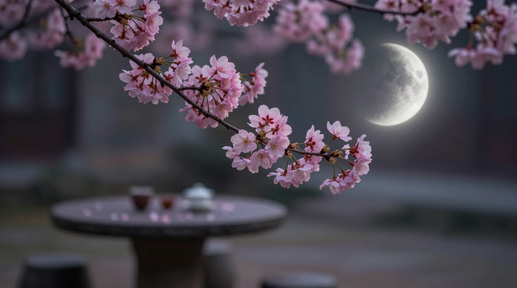Cherry Blossom Branch Against A Crescent Moon At Night