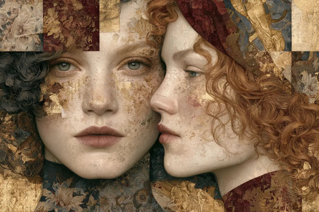 Dreamy double female portrait with surreal floral background