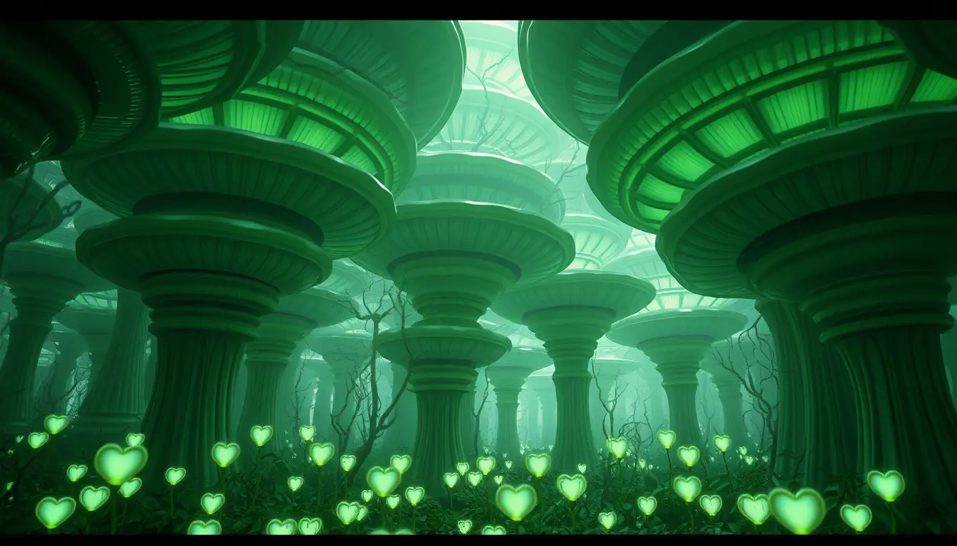 Alien latex forest with layered bioluminescent heart trees