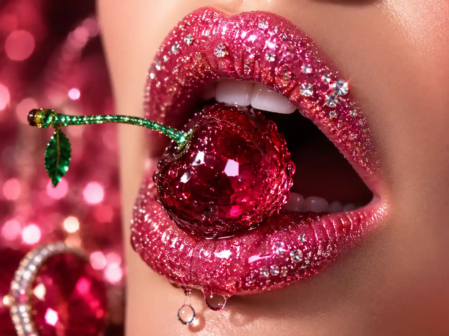 Wet cherry between glittering ruby lips close up
