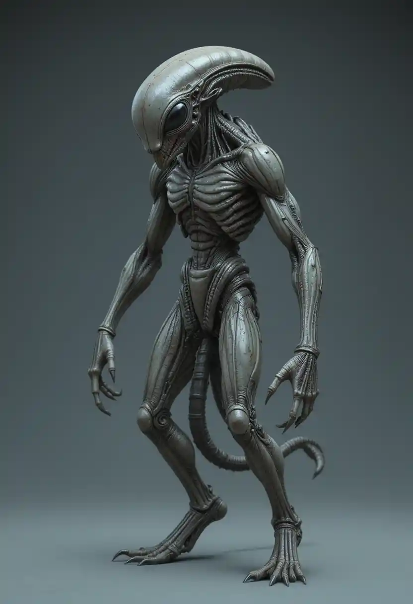 Alien creature with asymmetrical limbs and membrane covered eye