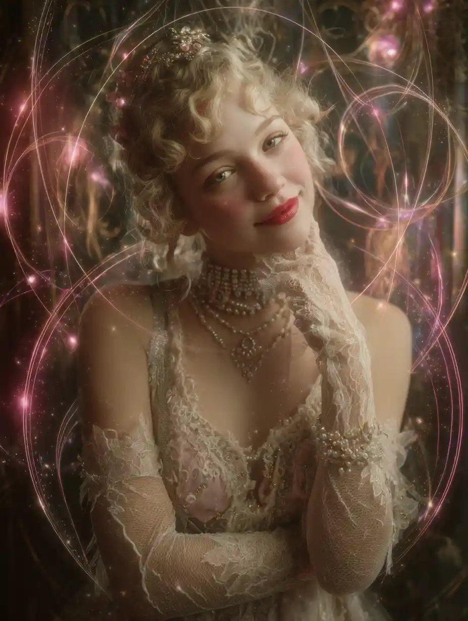 Vintage heroine in a glowing art nouveau fantasy scene