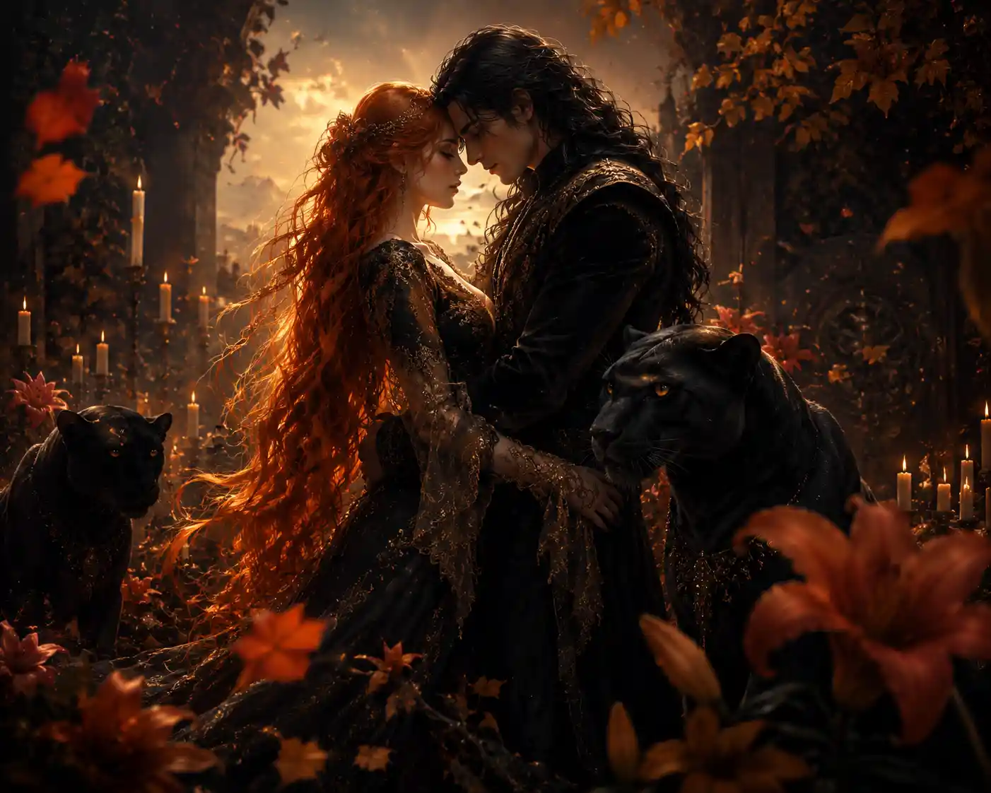 Romantic couple standing close in warm candlelit embrace