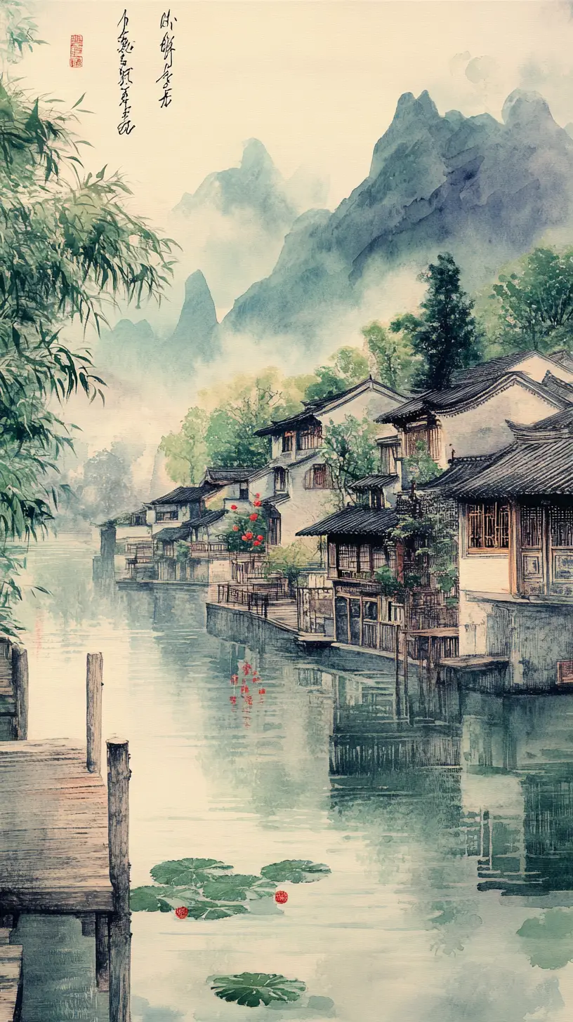Serena aldea china junto al agua en paisaje montañoso brumoso