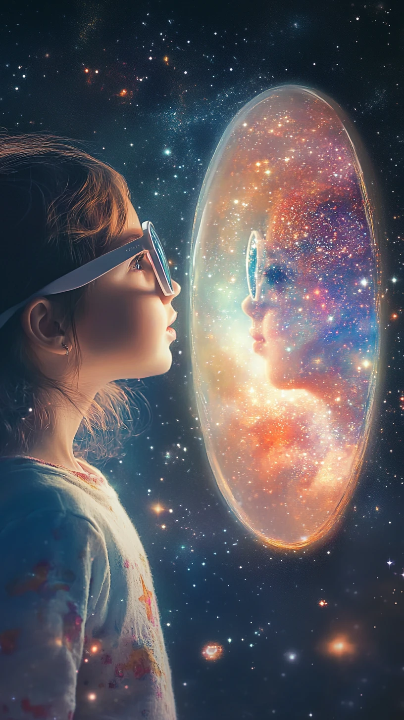Child gazing into a cosmic mirror bubble with stars